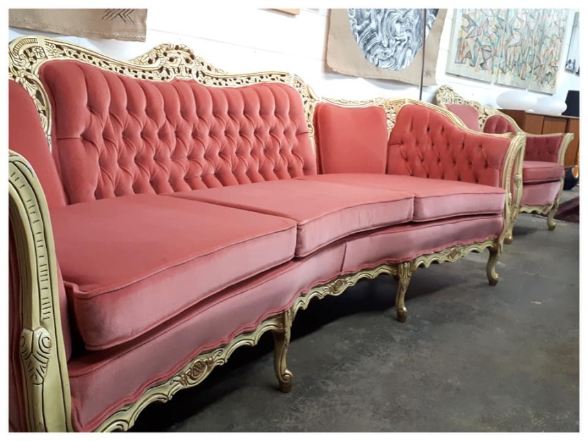 Vintage Pink Tufted Sofa Set, Retro Tufted Sofa